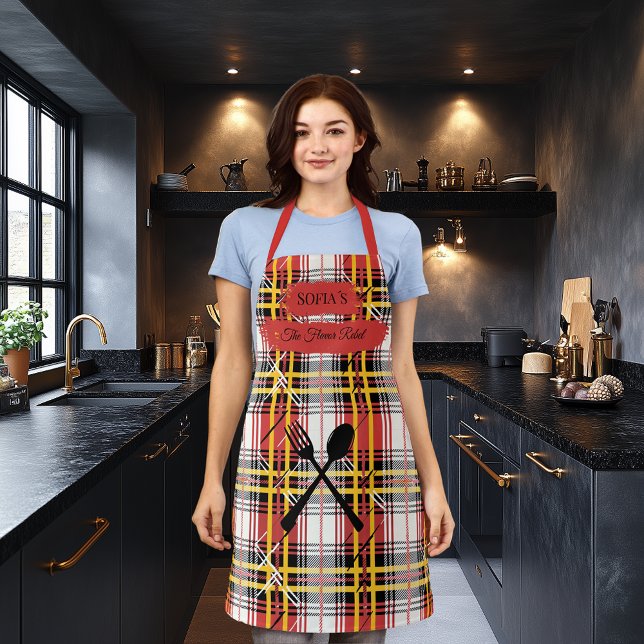 Bold Red Plaid Personalized with Cooking Utensils Apron (Creator Uploaded)