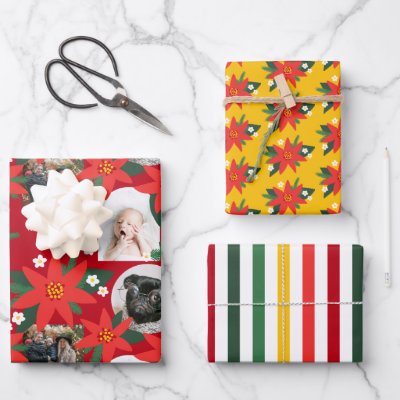 Bold Red Poinsettia Photo Stripe Christmas Holiday Wrapping Paper Sheets
