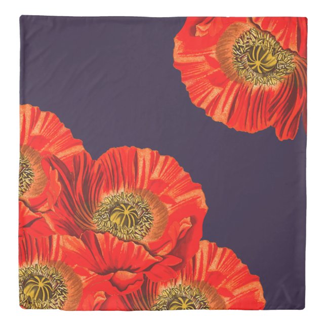 Bold Red Poppy Flowers & Navy Blue Duvet Cover (Front)