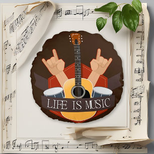 Bold Red Retro Rock Guitar Music Round Pillow