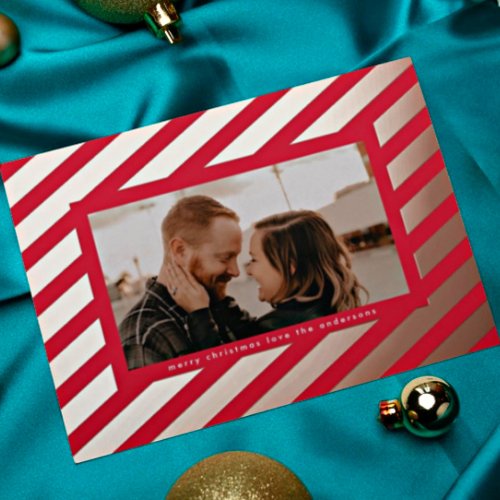 Bold Red Rose Gold Pressed Christmas Stripe Photo Foil Holiday Card