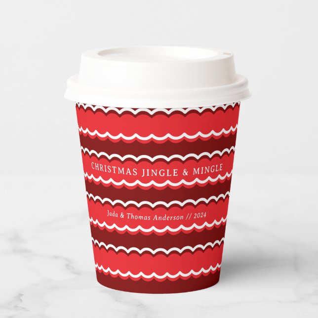 Bold Red Scallop Stripe Holiday Party Paper Cups (Front)