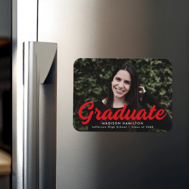 Bold Red Script Photo Graduation Announcement Magnet (Creator Uploaded)