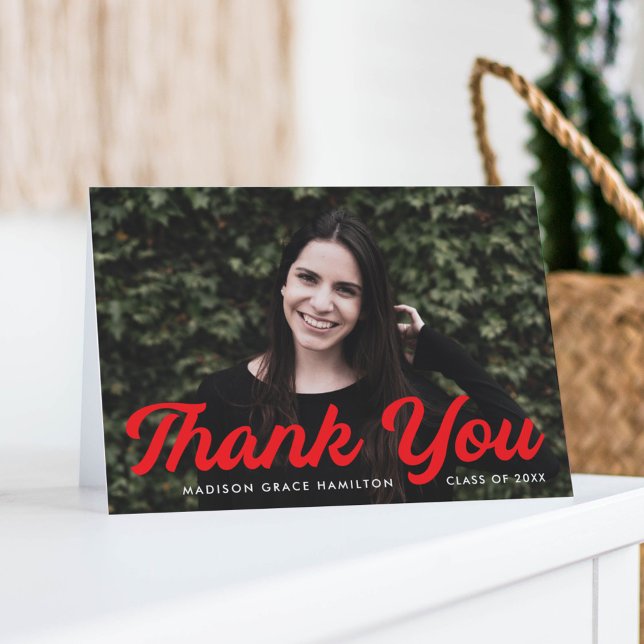 Bold Red Script Photo Graduation Letterpress Thank You Card (Creator Uploaded)