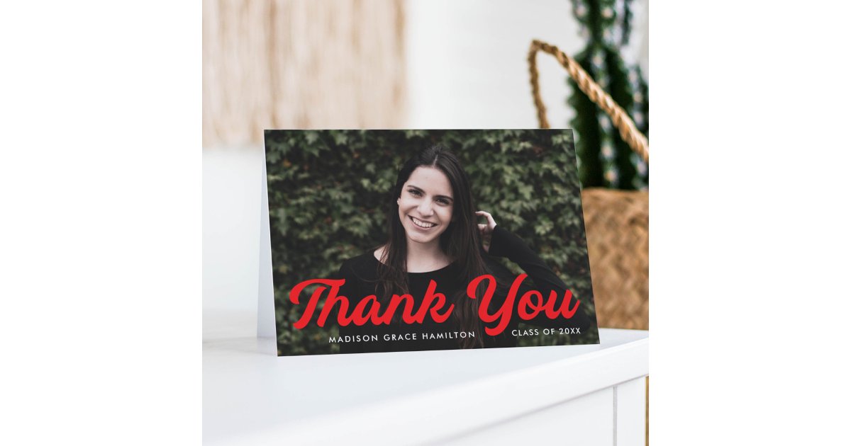 Bold Red Script Photo Graduation Thank You Card | Zazzle