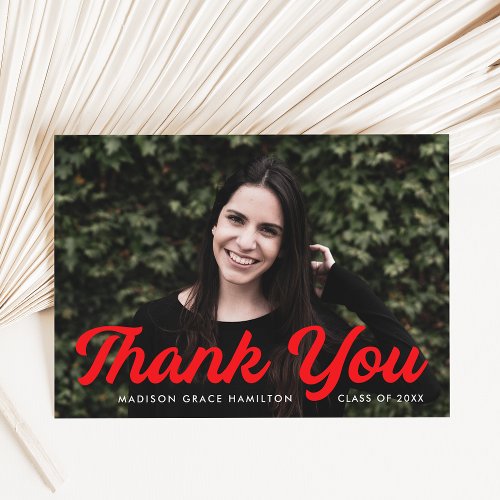 Bold Red Script Photo Graduation Thank You Card