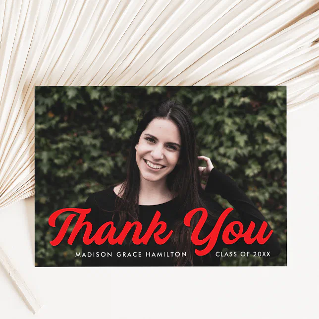 Bold Red Script Photo Graduation Thank You Card | Zazzle