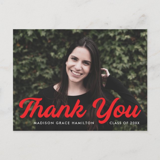 Bold Red Script Photo Graduation Thank You Postcard (Front)