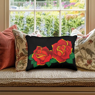 Bold Red Traditional Roses Tattoo Black Accent Pillow