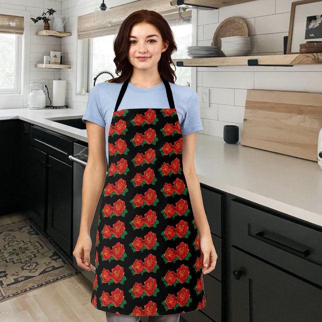 Bold Red Traditional Roses Tattoo Black Apron (Creator Uploaded)