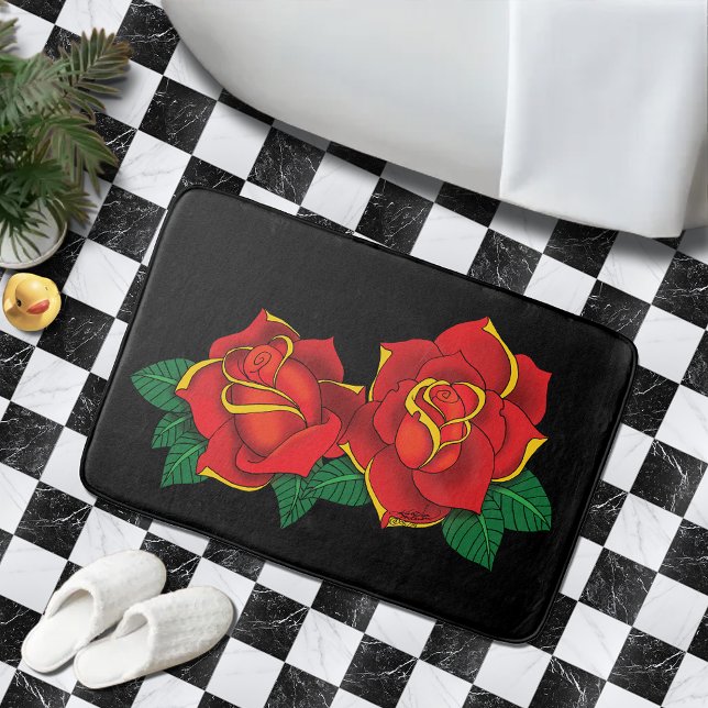 Bold Red Traditional Roses Tattoo Black Bath Mat (Creator Uploaded)