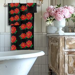 Bold Red Traditional Roses Tattoo Black Bath Towel Set