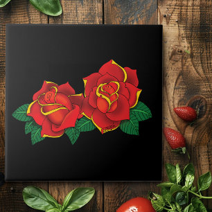 Bold Red Traditional Roses Tattoo Black Ceramic Tile
