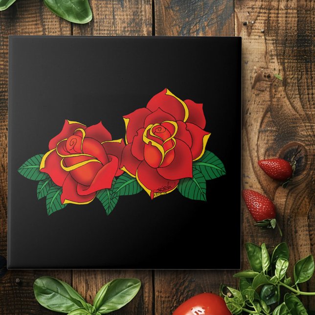 Bold Red Traditional Roses Tattoo Black Ceramic Tile (Creator Uploaded)