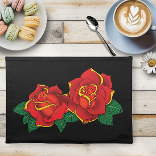 Bold Red Traditional Roses Tattoo Black Cloth Placemat