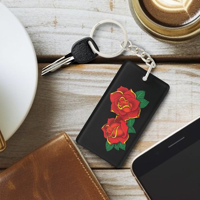 Bold Red Traditional Roses Tattoo Black Keychain (Creator Uploaded)