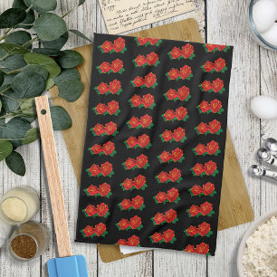 Bold Red Traditional Roses Tattoo Black Kitchen Towel