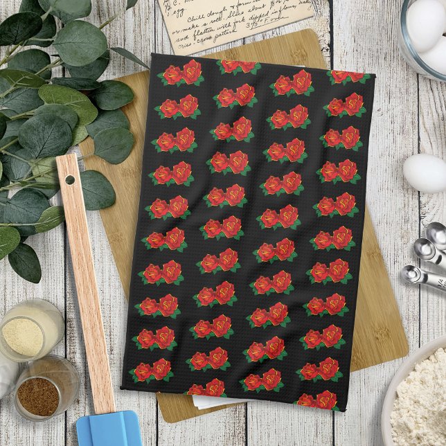 Bold Red Traditional Roses Tattoo Black Kitchen Towel (Creator Uploaded)
