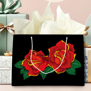 Bold Red Traditional Roses Tattoo Black Large Gift Bag