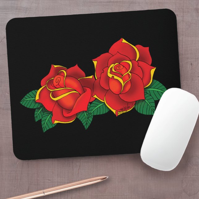 Bold Red Traditional Roses Tattoo Black Mouse Pad (Creator Uploaded)