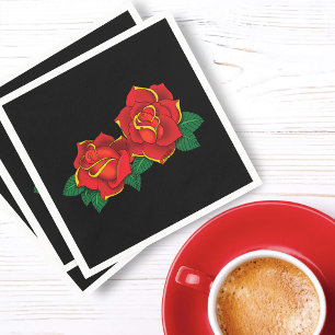 Bold Red Traditional Roses Tattoo Black Napkins