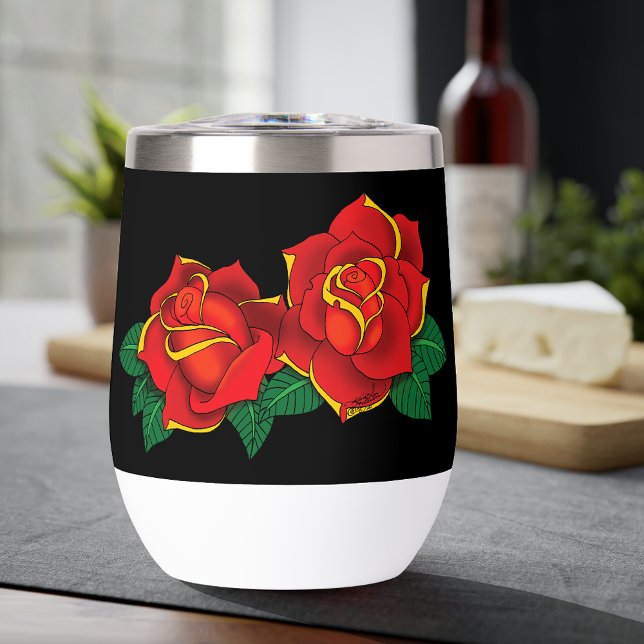 Bold Red Traditional Roses Tattoo Black Thermal Wine Tumbler (Creator Uploaded)