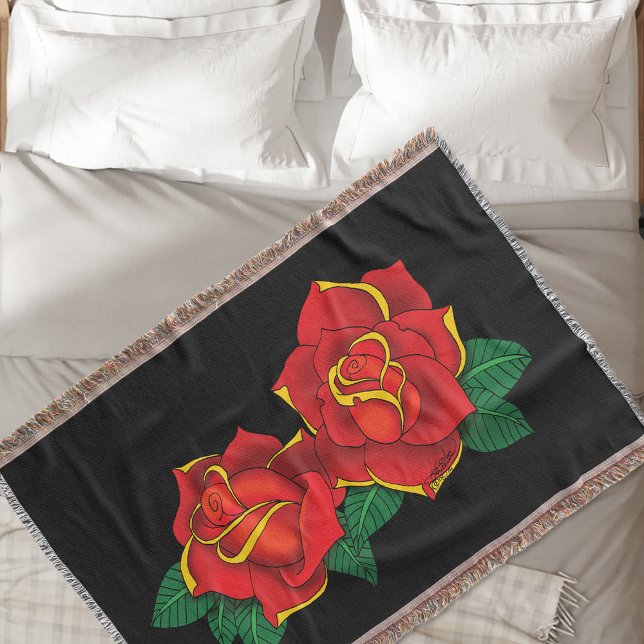 Bold Red Traditional Roses Tattoo Black Throw Blanket (Creator Uploaded)