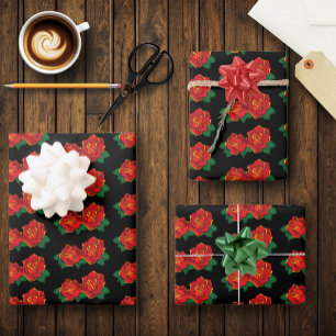 Bold Red Traditional Roses Tattoo Black Wrapping Paper Sheets