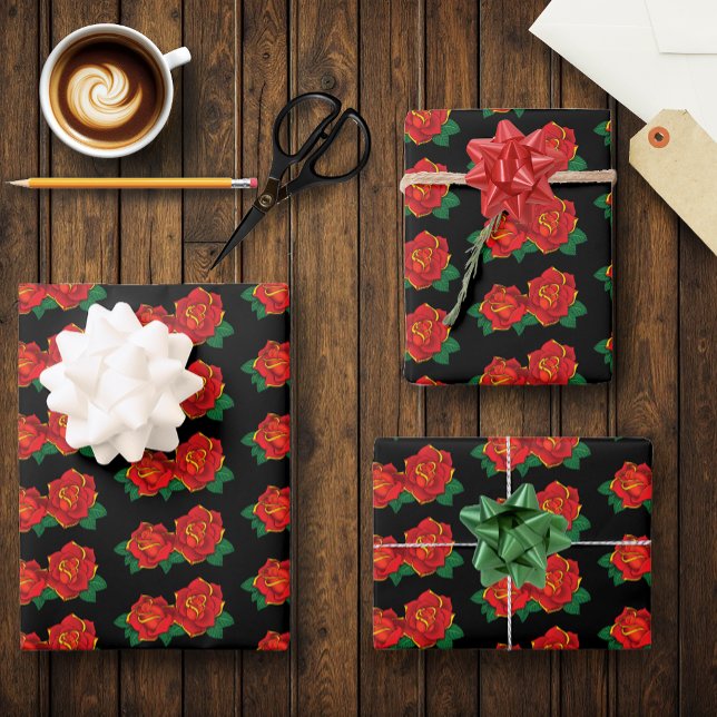 Bold Red Traditional Roses Tattoo Black Wrapping Paper Sheets (Creator Uploaded)