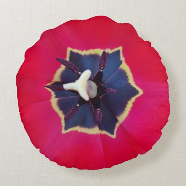 Bold Red Tulip Flower Macro Nature Photography Round Pillow (Back)