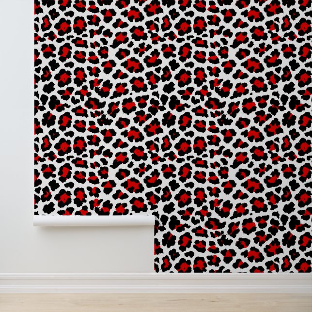 Bold Red White and Black Punk Leopard Print 1980s Wallpaper (Application)