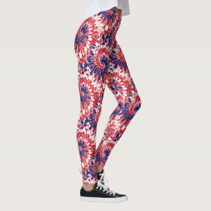 Bold Red White Blue Firework Tie-Dye Pattern Leggings