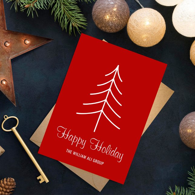 Bold Red & White Minimal Pine Christmas Tree  Holiday Postcard (Creator Uploaded)