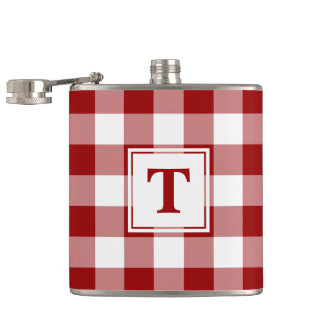 Bold Red White Plaid Pattern with Monogram Flask
