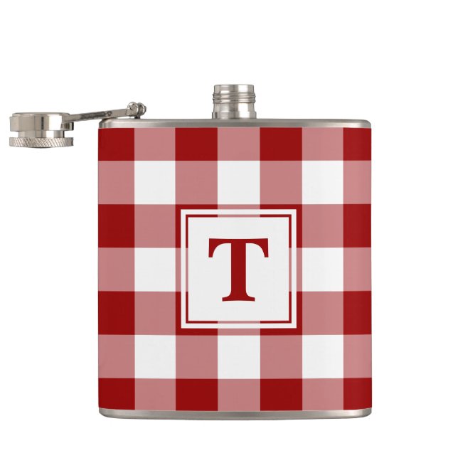 Bold Red White Plaid Pattern with Monogram Flask (Opened)