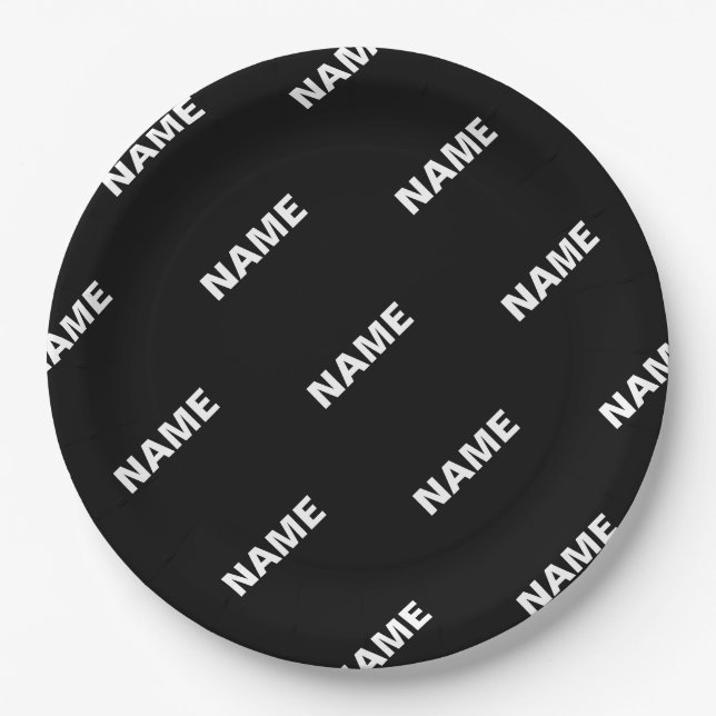 Bold Repeating Editable Name | Simple Black White Paper Plates (Front)