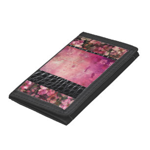 Bold reptile, pink floral black  trifold wallet