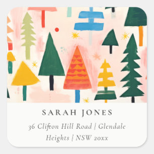 Bold Retro Abstract Christmas Landscape Address Square Sticker