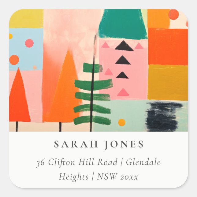 Bold Retro Abstract Christmas Landscape Address Square Sticker (Front)