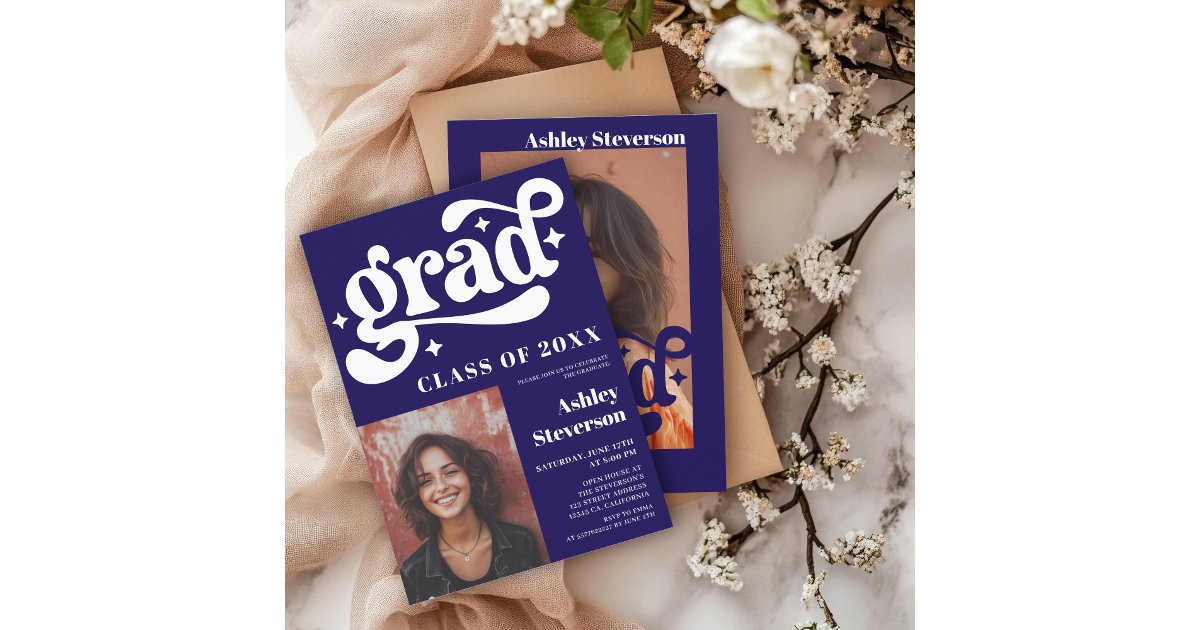 Bold Retro Blue Groovy 2 photos Graduation Party Invitation | Zazzle