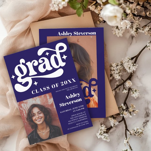 Bold Retro Blue Groovy 2 photos Graduation Party Invitation (Bold Retro Blue Groovy 2 photos Graduation Party Invitation)