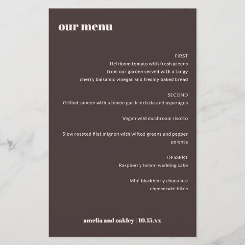 Bold Retro Brown Ivory Custom Wedding Menu