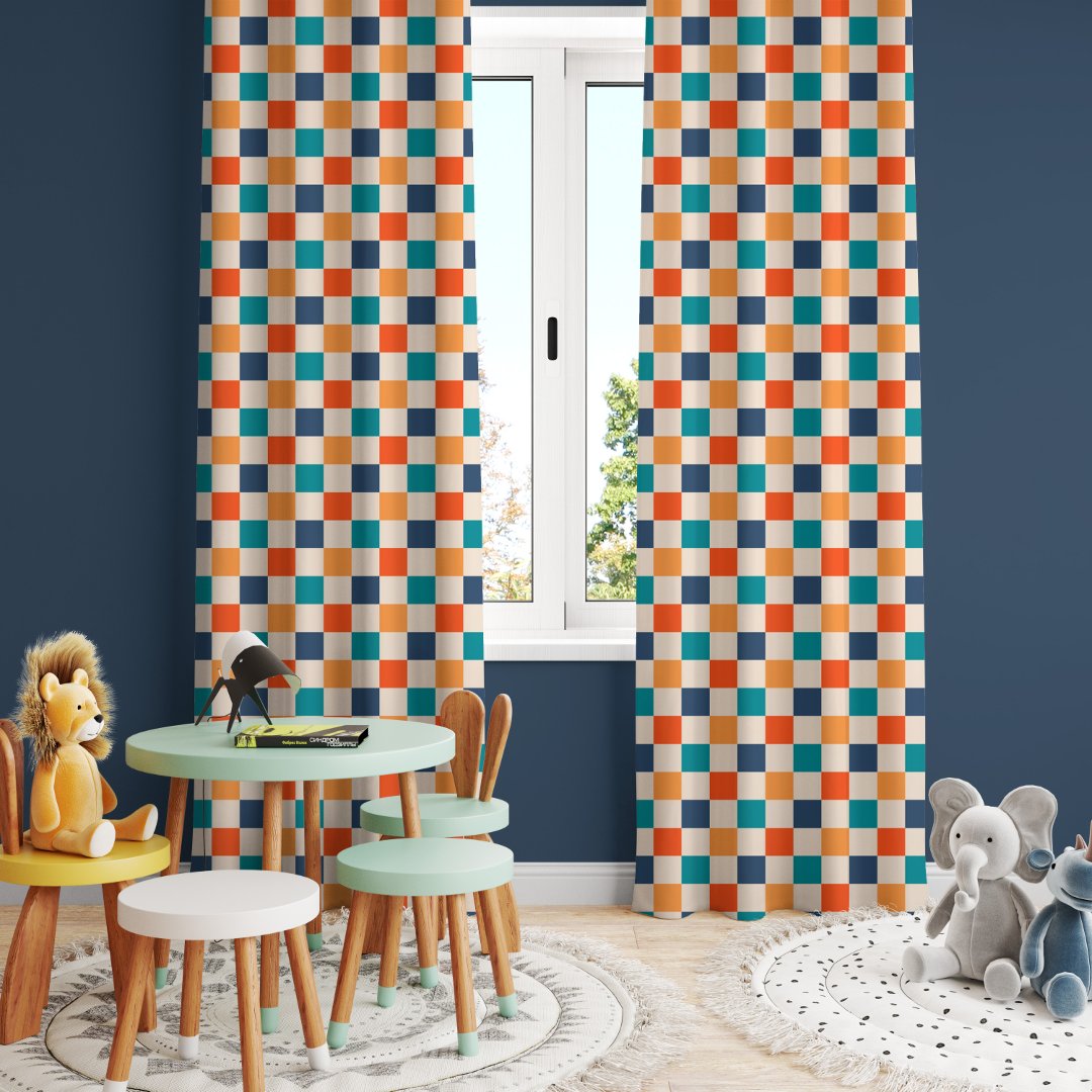 Bold Retro Checkerboard Orange Teal Navy Blackout Curtains (Creator Uploaded)