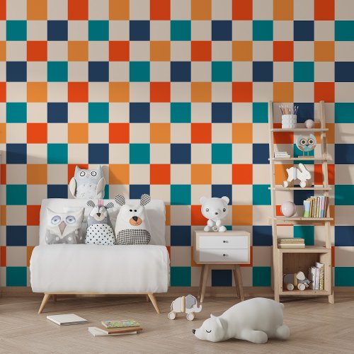 Bold Retro Checkerboard Orange Teal Navy Wallpaper