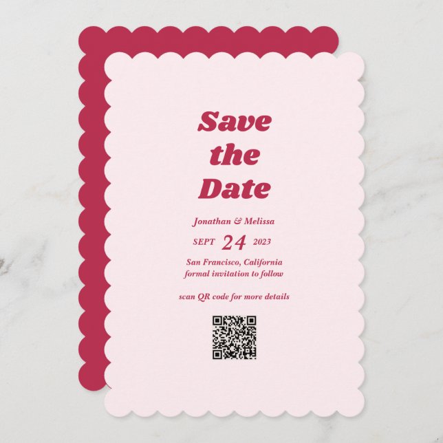 Bold Retro Chic Viva Magenta Pink QR code Wedding Save The Date (Front/Back)