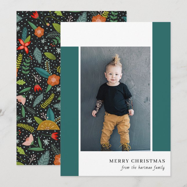 Bold Retro Citrus & Floral Teal Christmas Photo Holiday Card (Front/Back)