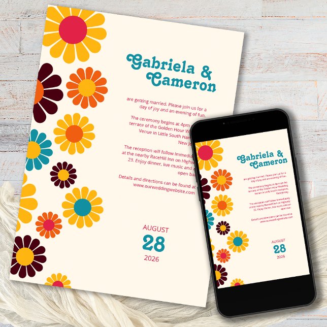 Bold Retro Color Daisy Wedding Invitation (Creator Uploaded)