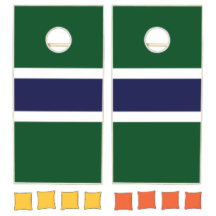 Bold Retro Dark Camp Green White Navy Stripes Cornhole Set