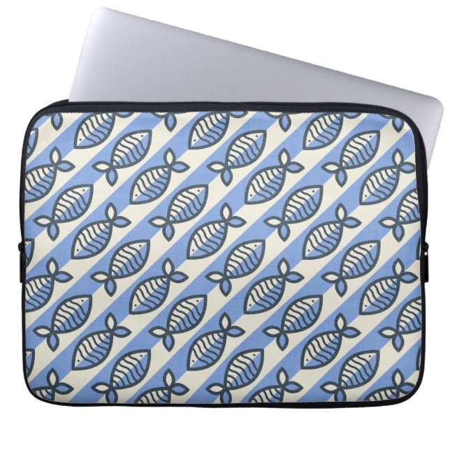Bold retro fish blue laptop sleeve (Front)