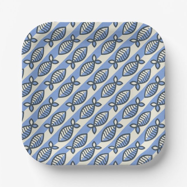 Bold retro fish blue paper plates (Front)